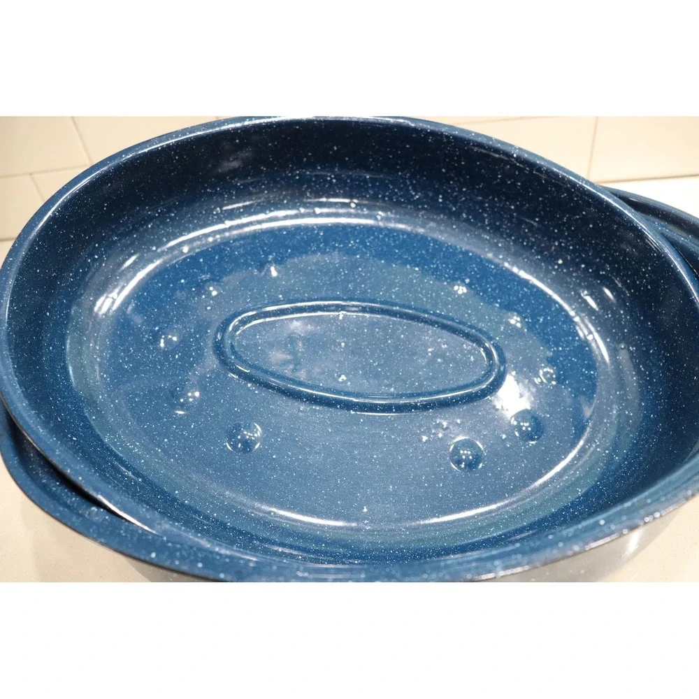 Blue Speckled Enamelware Oval Roasting Pan with Lid 16 Inch Turkey Roaster